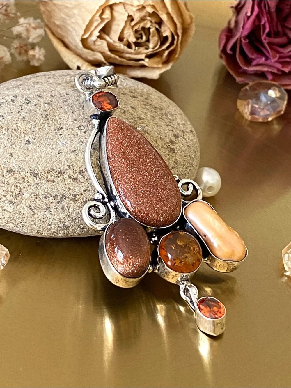 Gold Sunstone, Amber, Madera Citrine And Pearl  Pendant